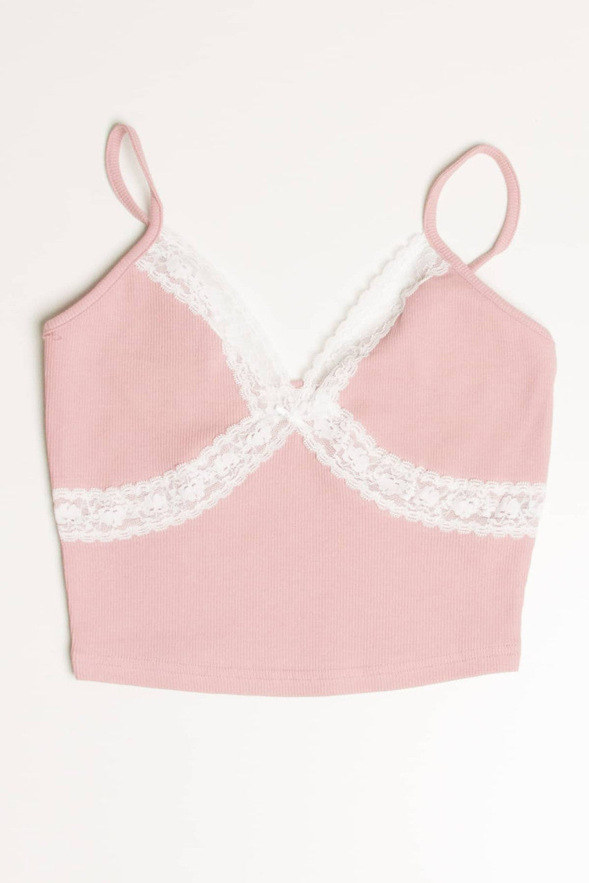 Pink Lace Trim Crop Cami