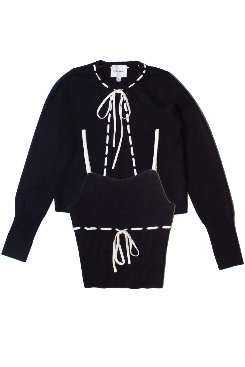 Running Stitch Tie Front Knit Cardigan