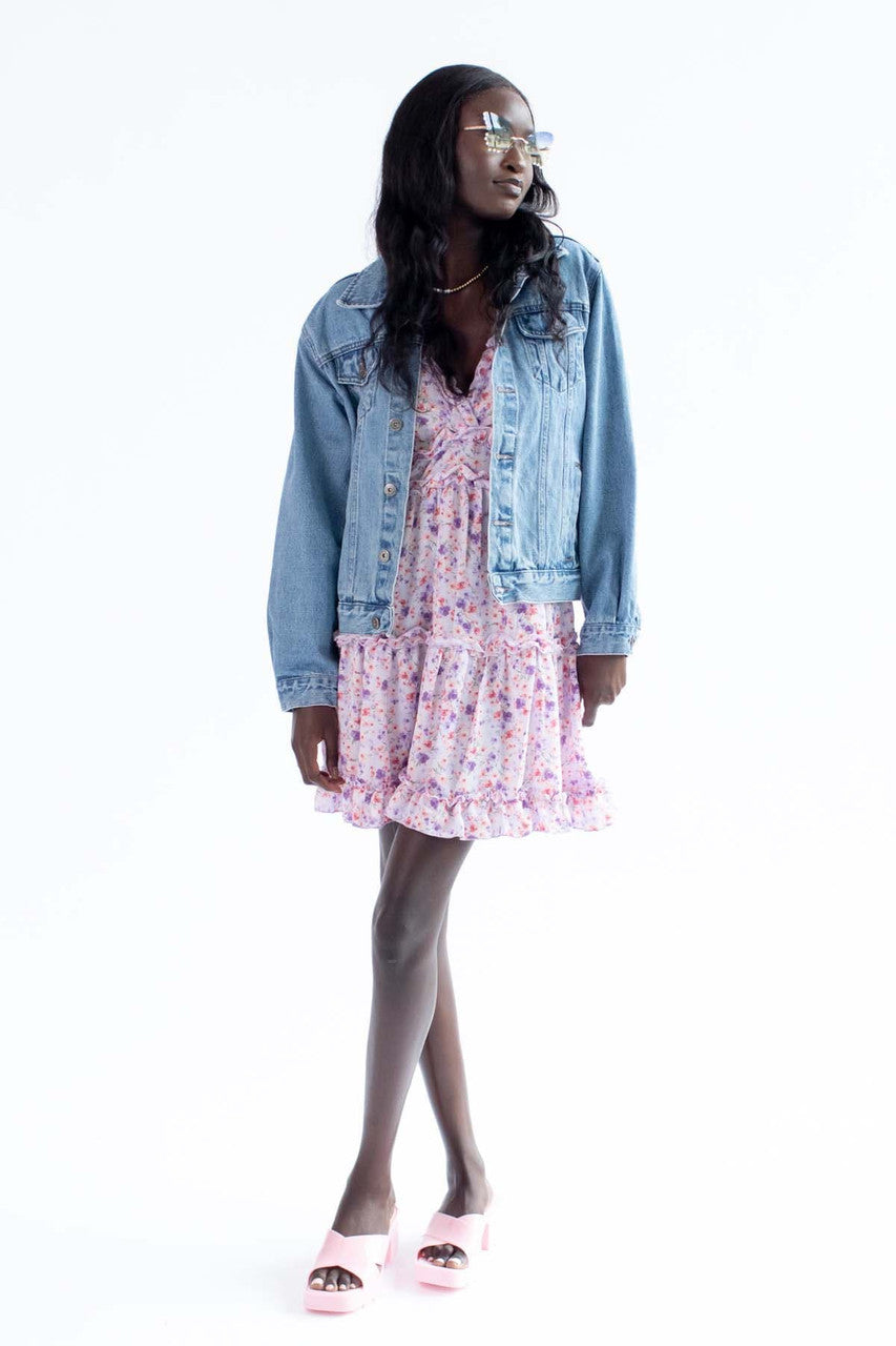 Lavender Bold Floral Ruffle Mini Dress