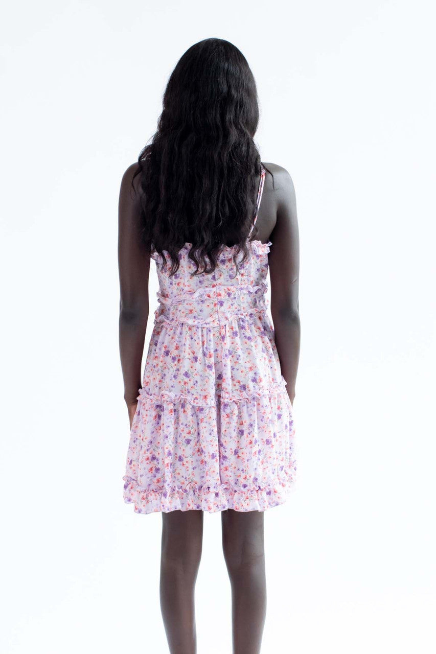 Lavender Bold Floral Ruffle Mini Dress