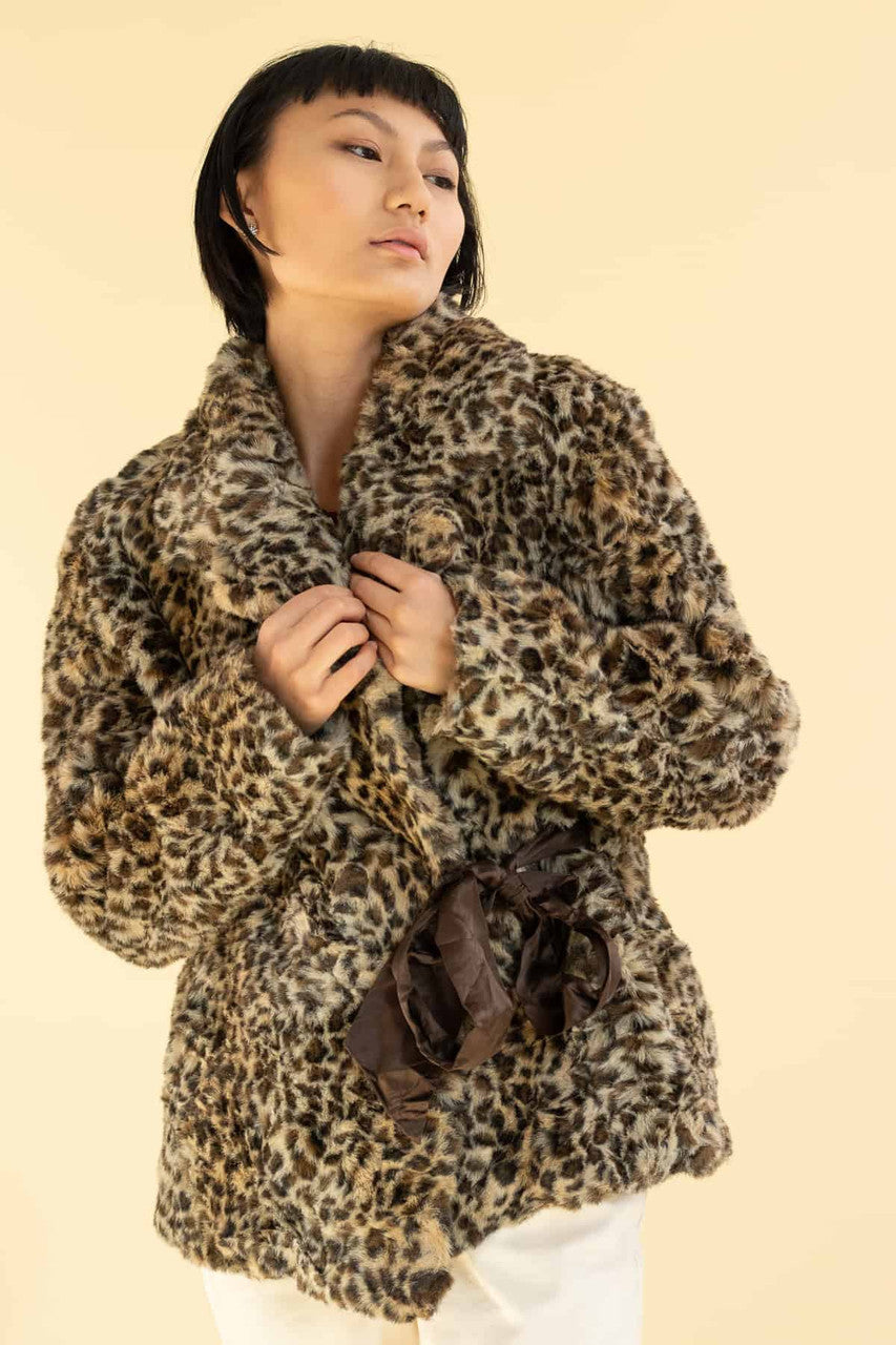 Leopard Tie Front Faux Fur Coat