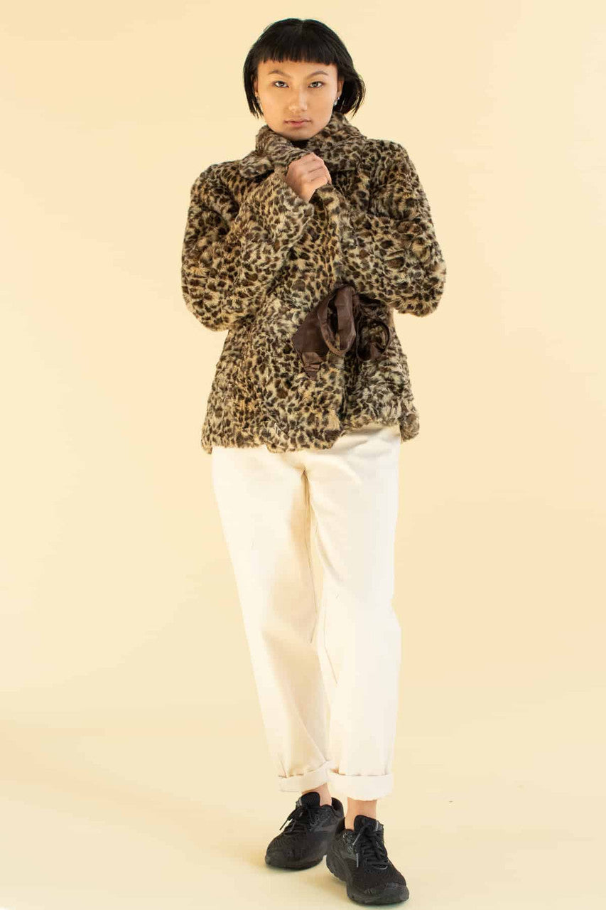 Leopard Tie Front Faux Fur Coat