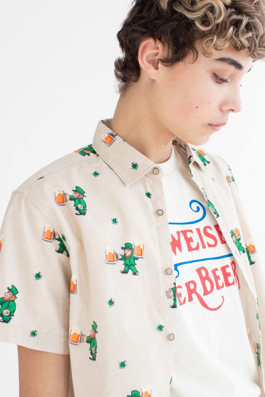 Leprechaun & A Pint Woven Button Up Shirt