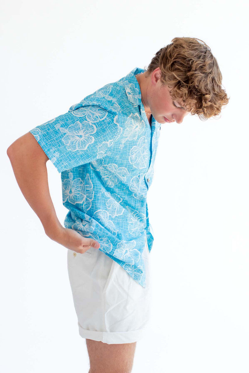 Light Blue Sketched Floral Hawaiian Shirt