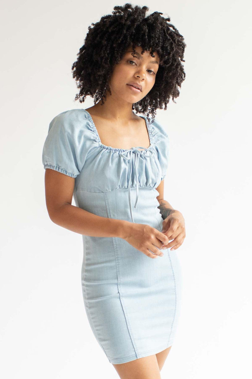 milkmaid denim dress Abercrombie & Fitch cotton blend denim look milkmaid mini dress in blue