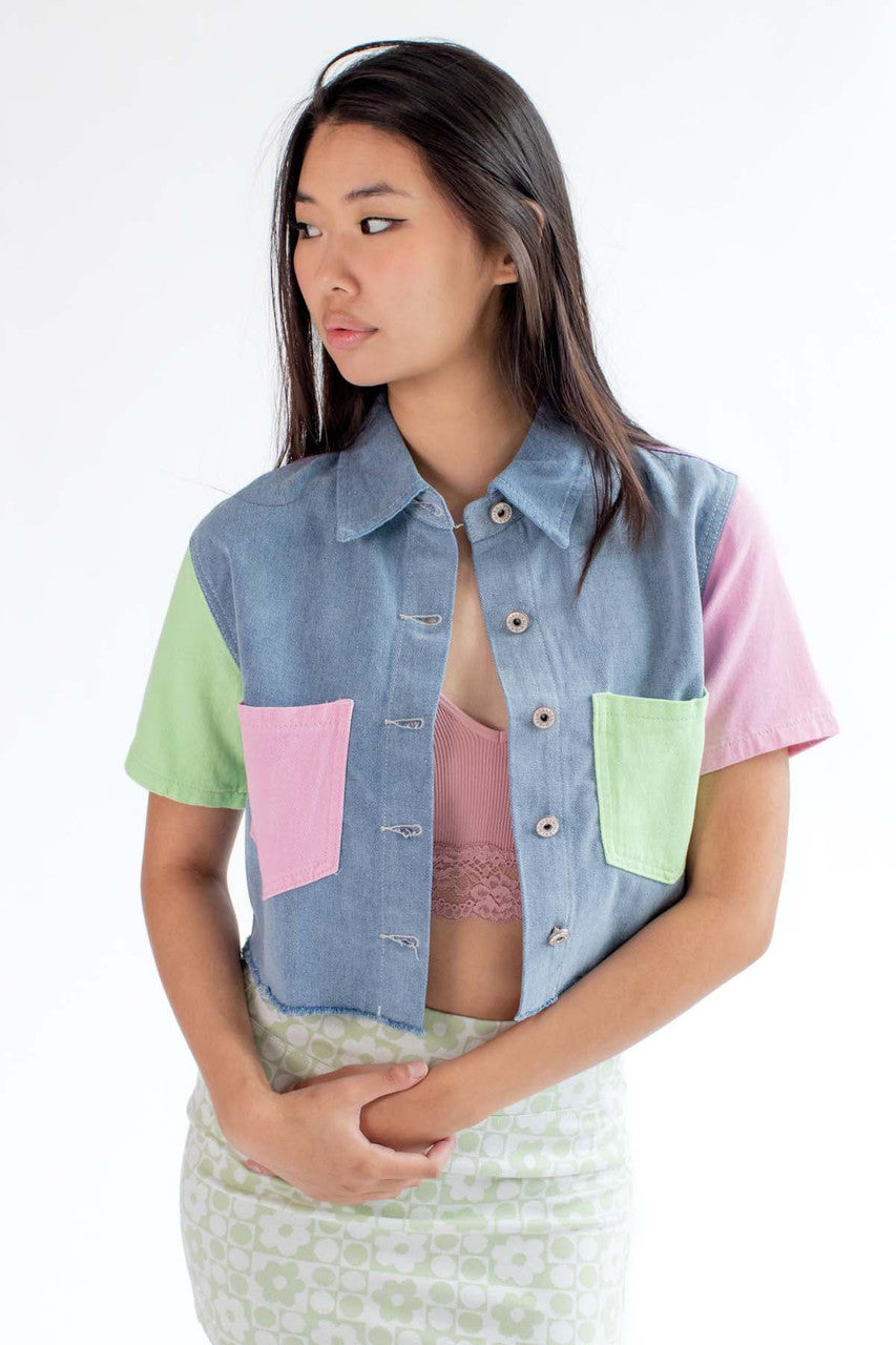 Light Wash Color Block Cropped Denim Shacket