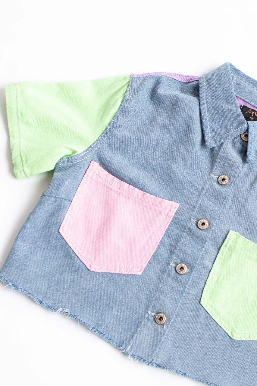Light Wash Color Block Cropped Denim Shacket
