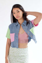 Light Wash Color Block Cropped Denim Shacket