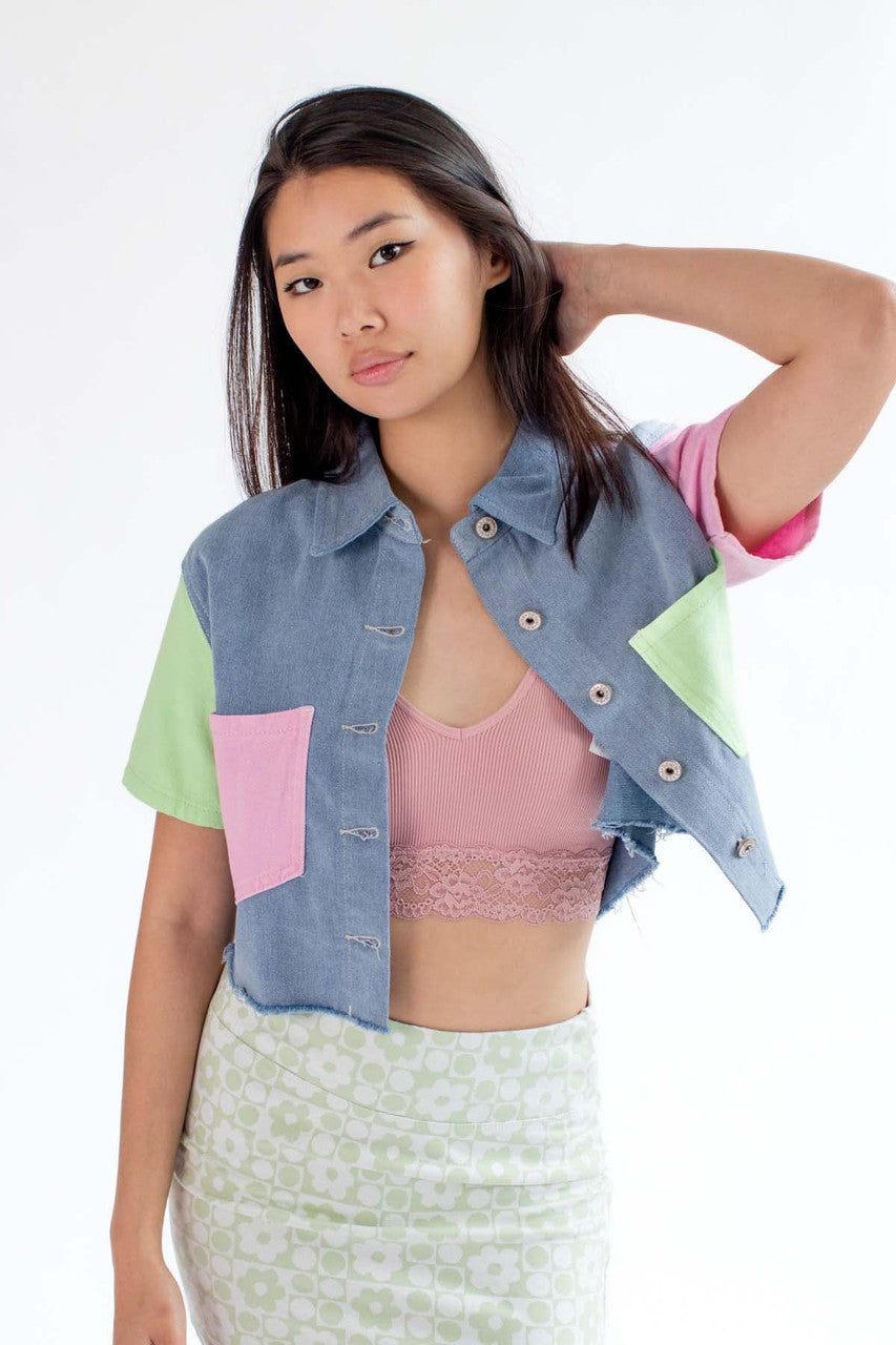 Light Wash Color Block Cropped Denim Shacket