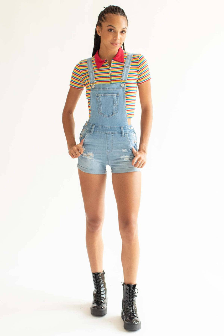 Light Wash Cuffed Distressed Denim Overall Shorts
