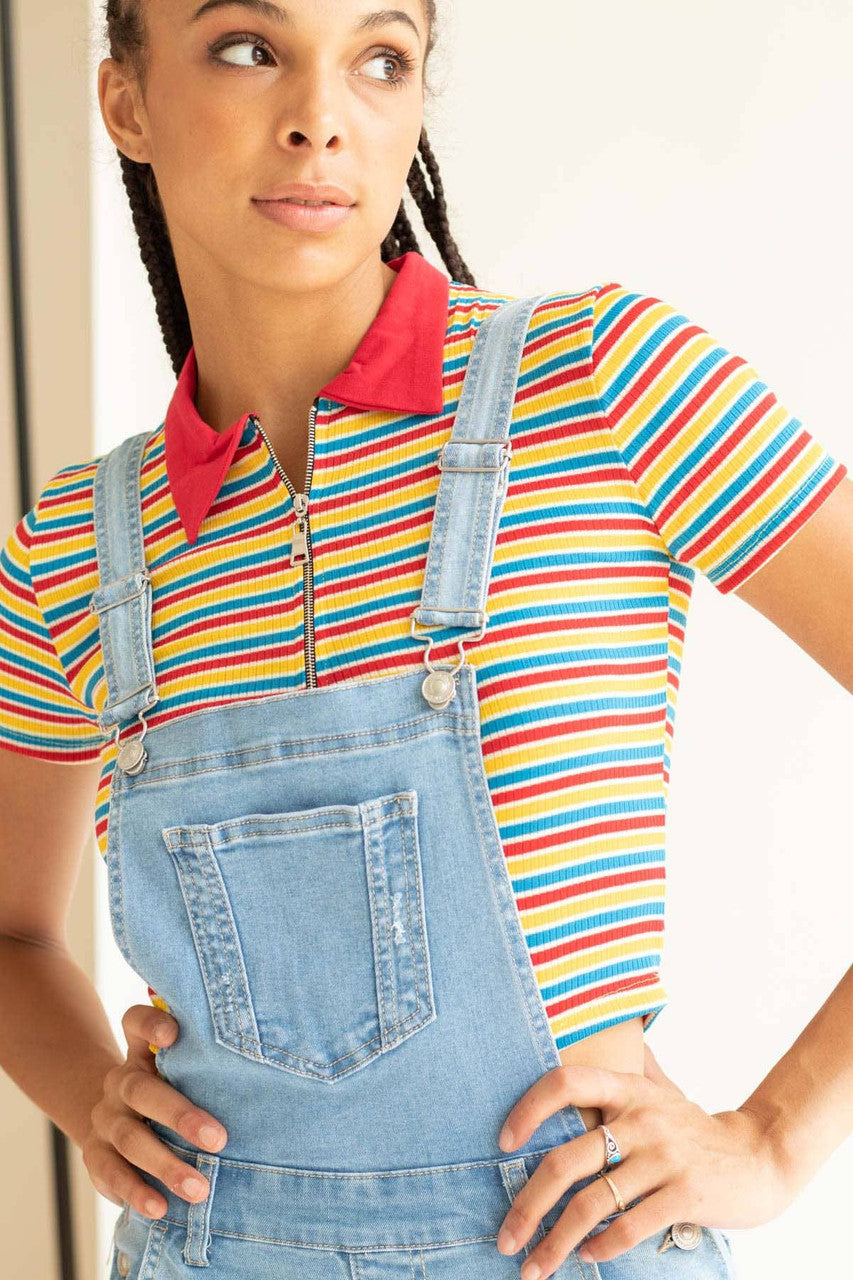 Light Wash Cuffed Distressed Denim Overall Shorts