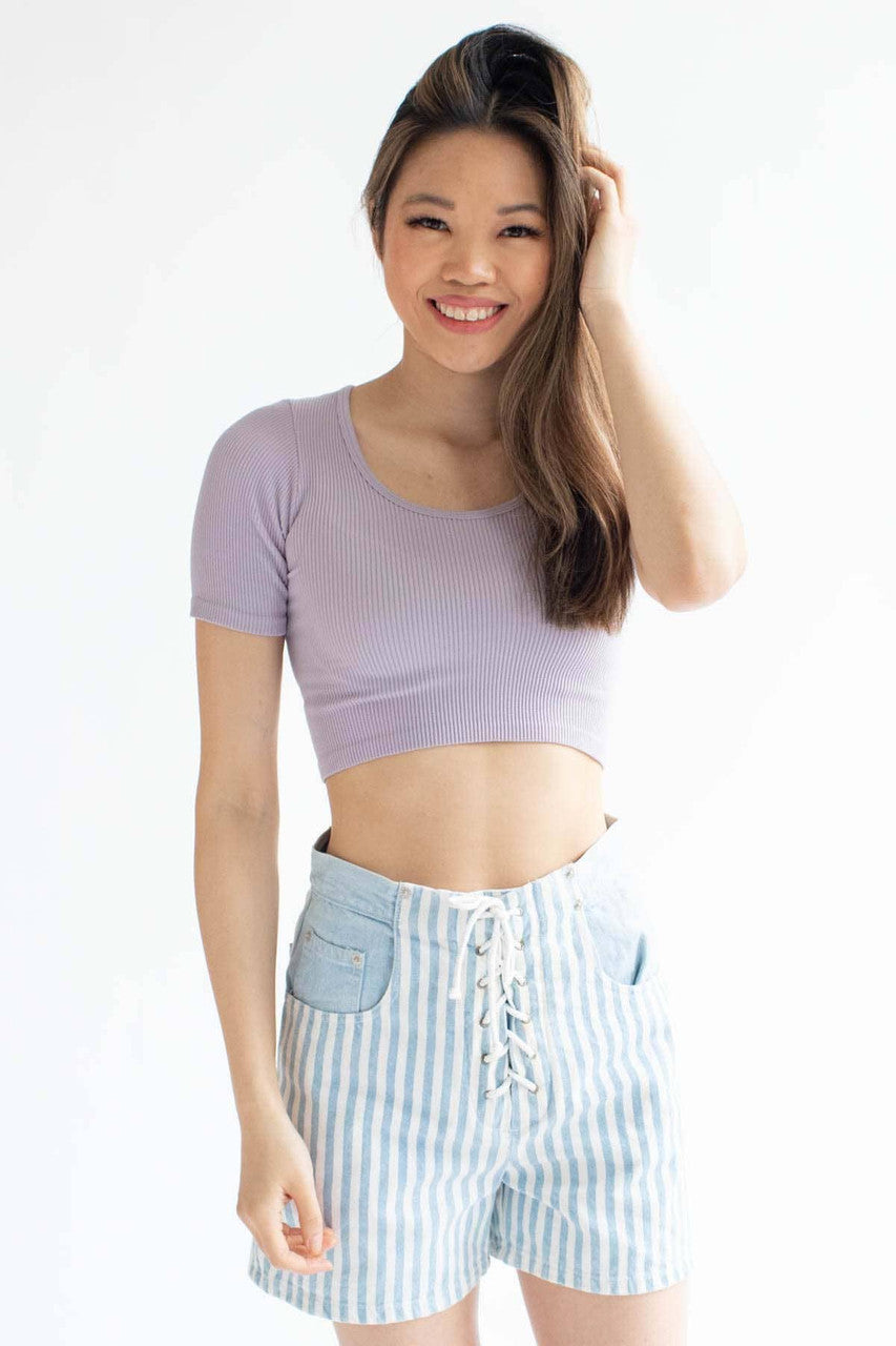 Lilac Ribbed Seamless Scoop Neck Crop Tee