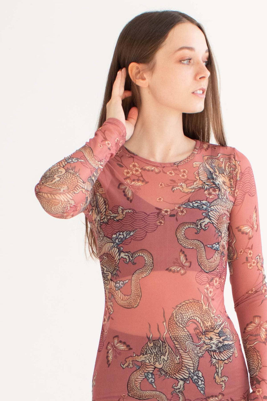 Mauve Dragon Mesh Long Sleeve Mini Dress