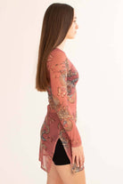 Mauve Dragon Mesh Long Sleeve Mini Dress
