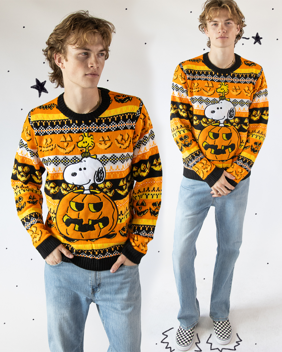 male model wearing a halloween snoopy sweater