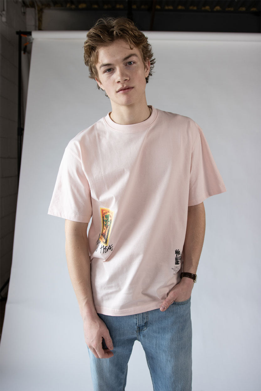Model wearing a graphic tee