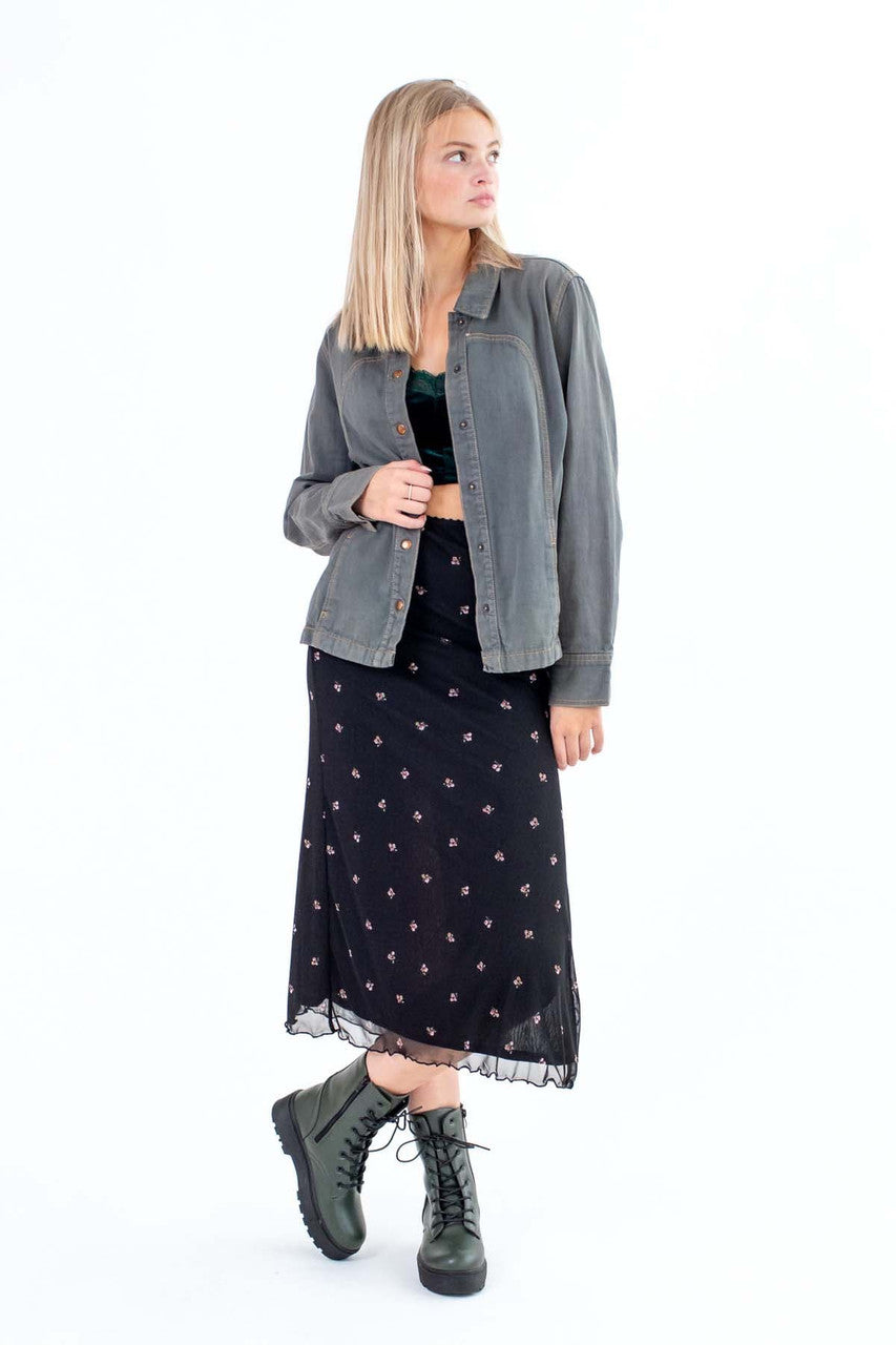 Mesh Lined Floral Midi Skirt