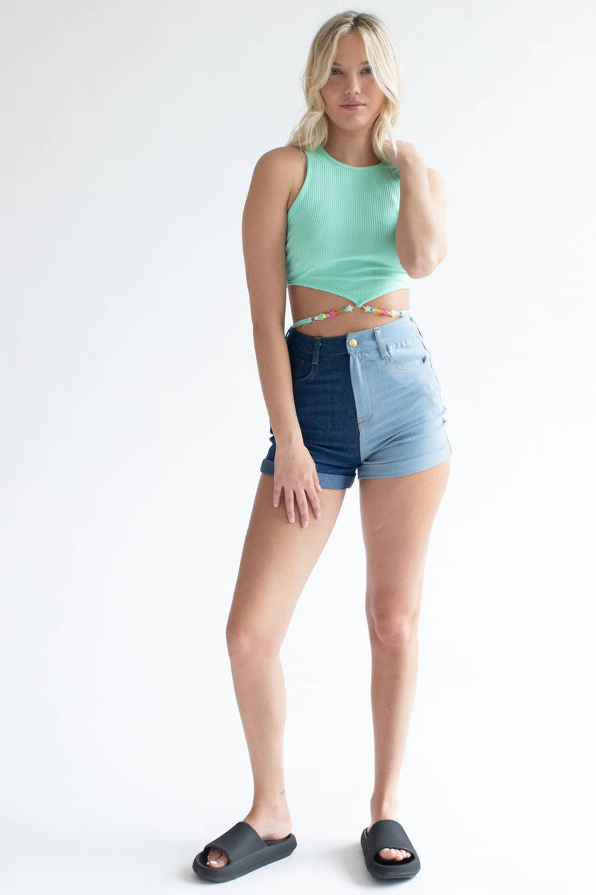 Mint Beaded Wrap Waist Crop Tank