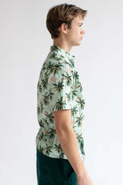 Mint Flamingo In The Palms Hawaiian Button Up Shirt