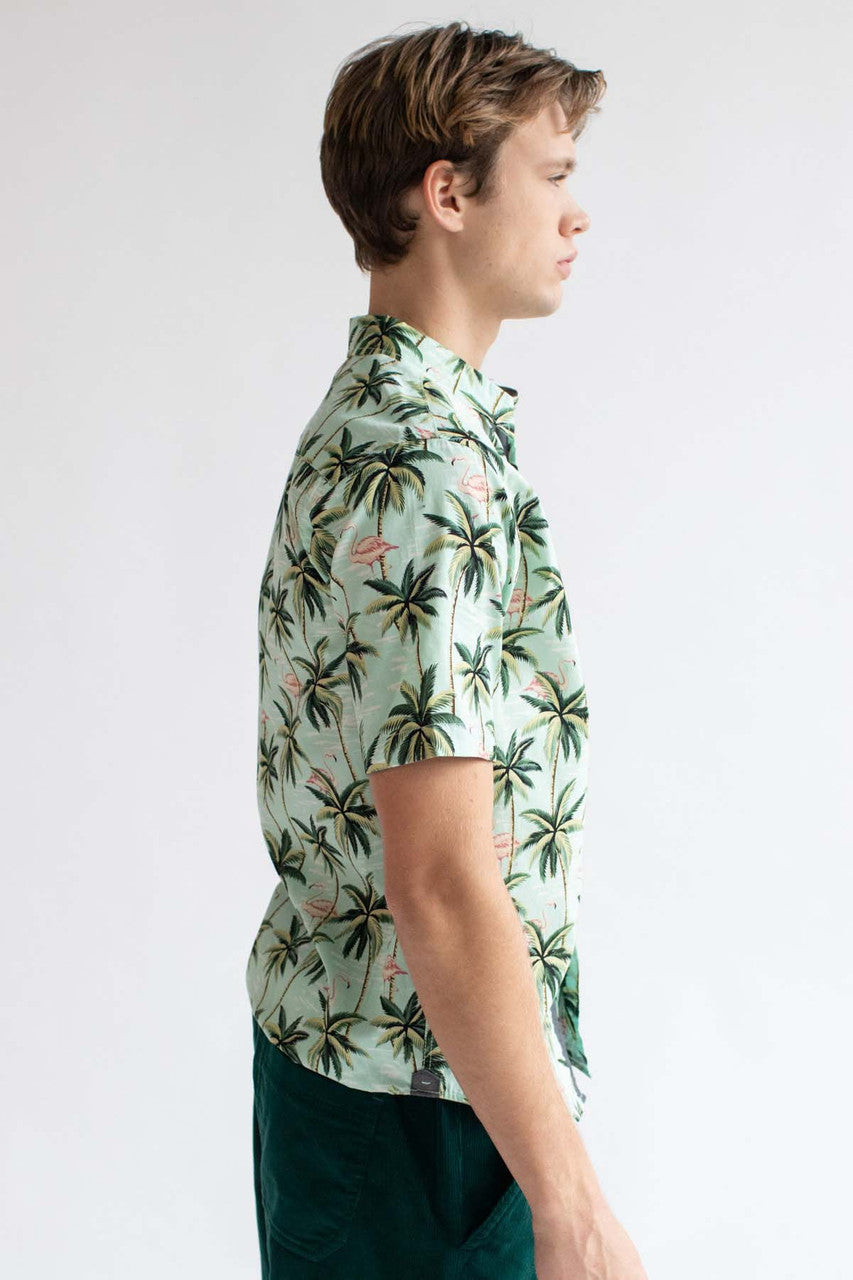 Mint Flamingo In The Palms Hawaiian Button Up Shirt
