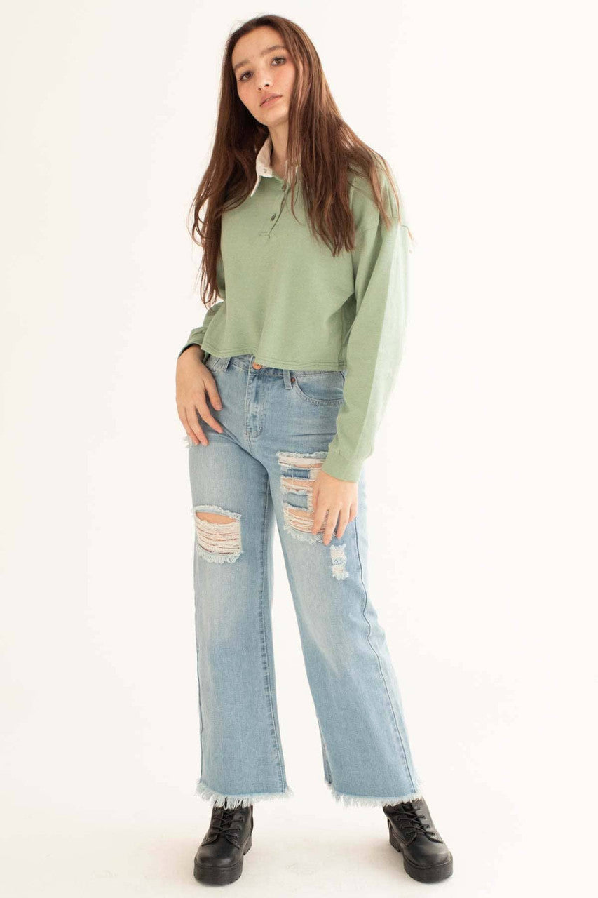 Mint Green Cropped Polo Sweatshirt