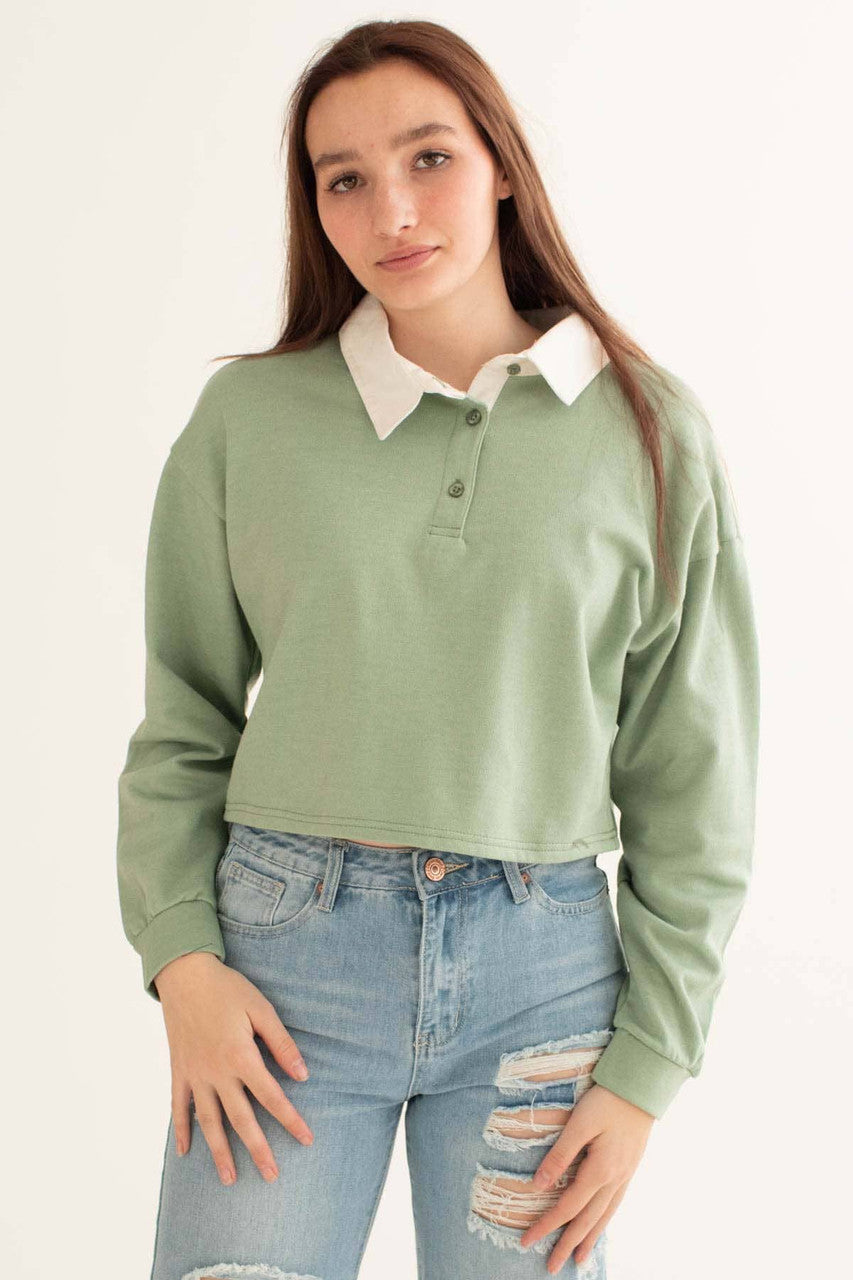Mint Green Cropped Polo Sweatshirt