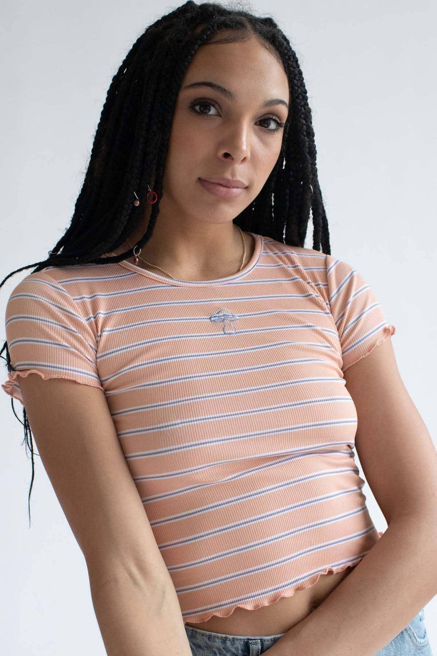 Mushroom Embroidered Apricot Striped Tee