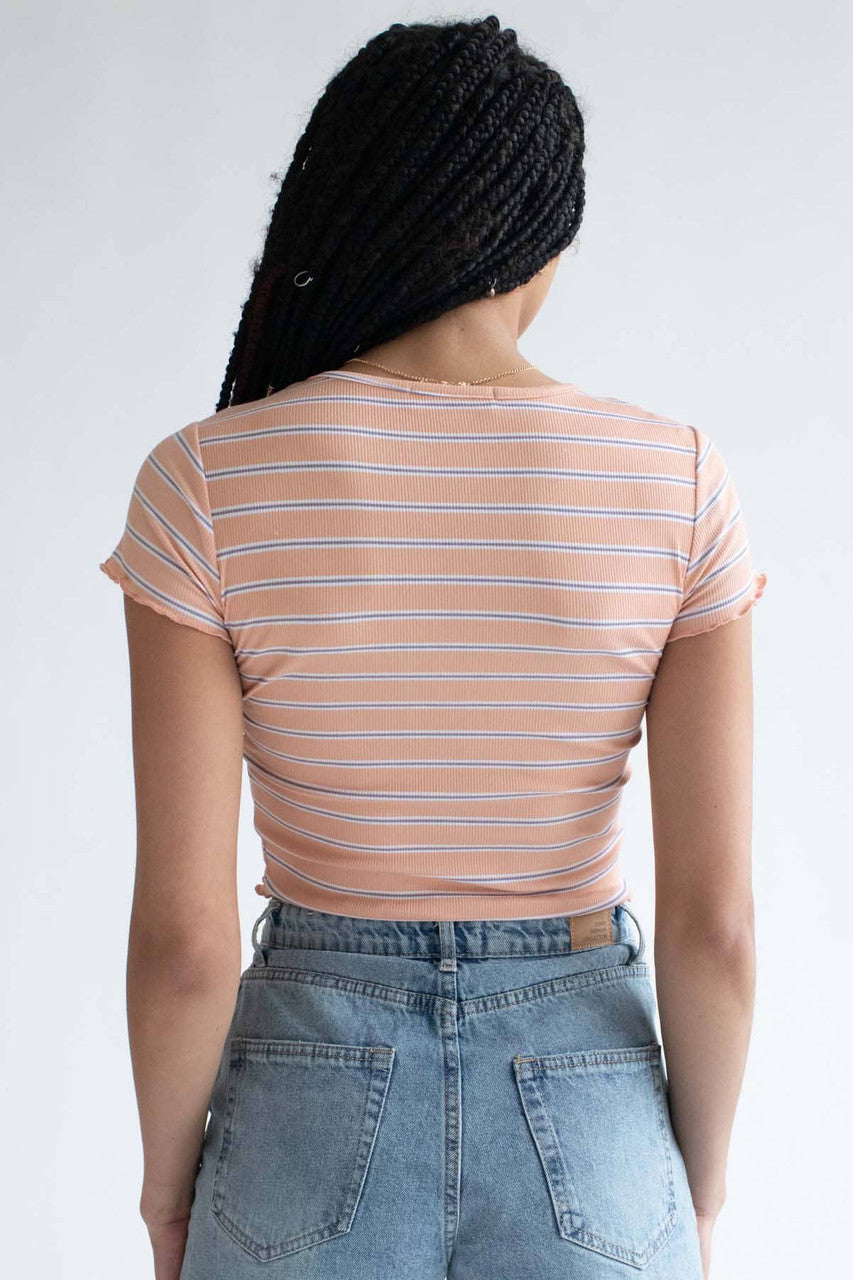 Mushroom Embroidered Apricot Striped Tee
