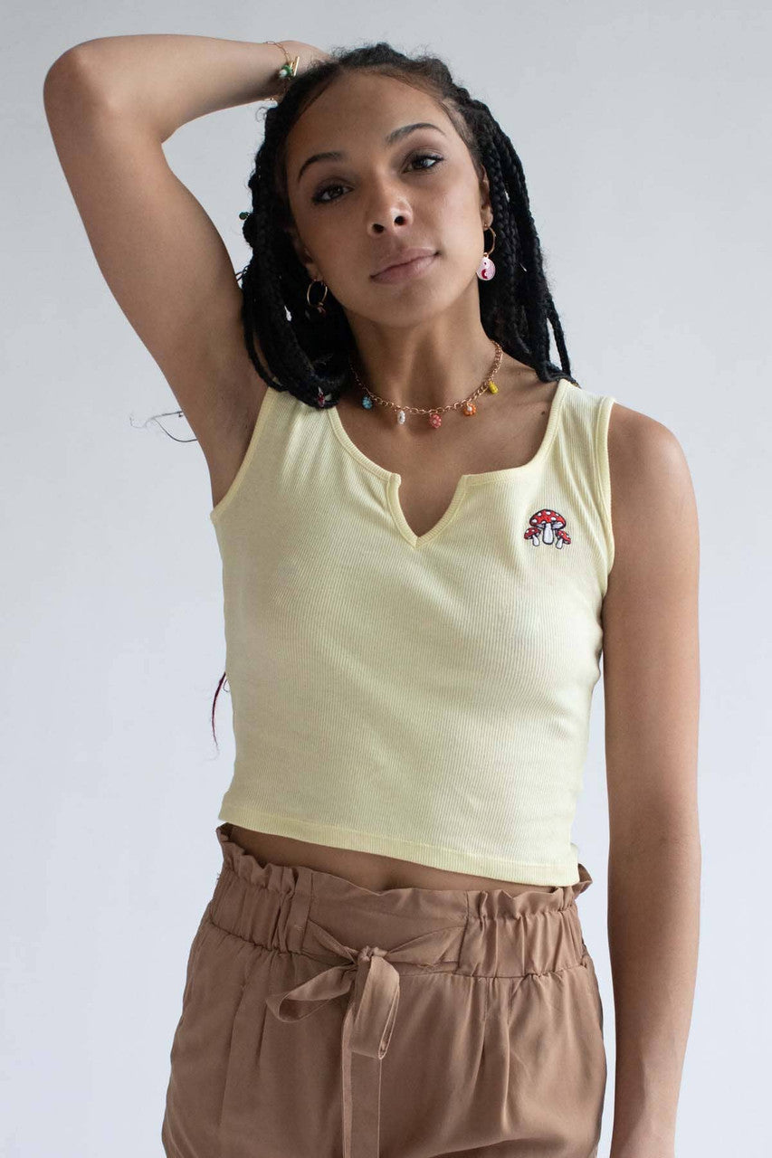 Mushroom Embroidered Yellow Notched Neck Tank