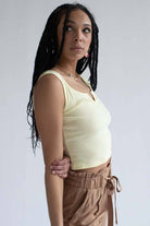 Mushroom Embroidered Yellow Notched Neck Tank