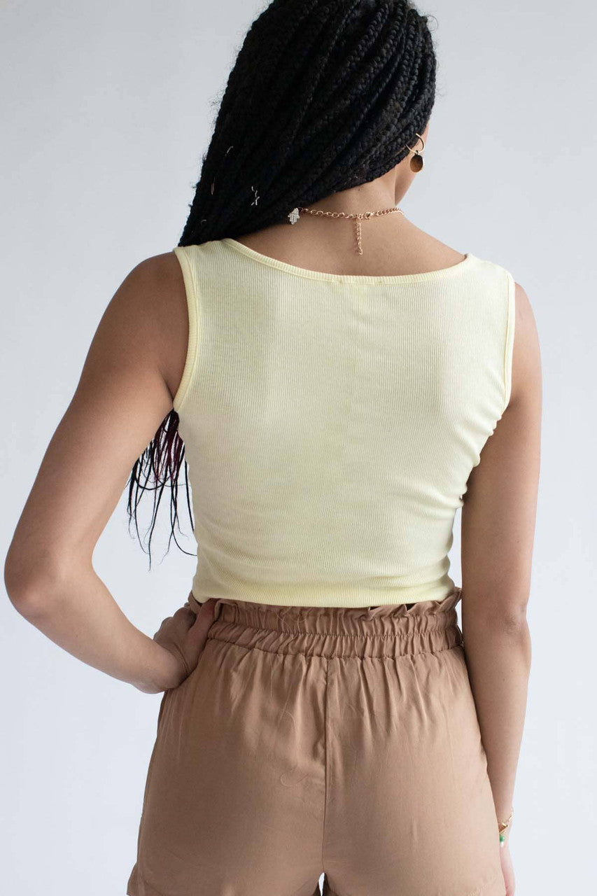 Mushroom Embroidered Yellow Notched Neck Tank