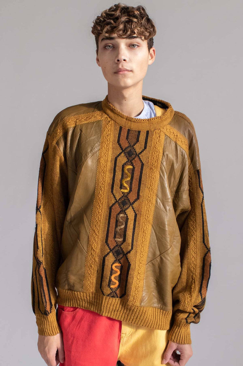 Vintage Leather Mustard 80s Sweater 3609