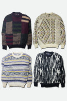Four patterned sweaters displayed on a white background