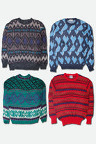 Four patterned sweaters in different colors on a white background