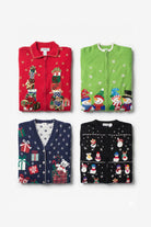 Four festive sweaters with Christmas patterns on a white background