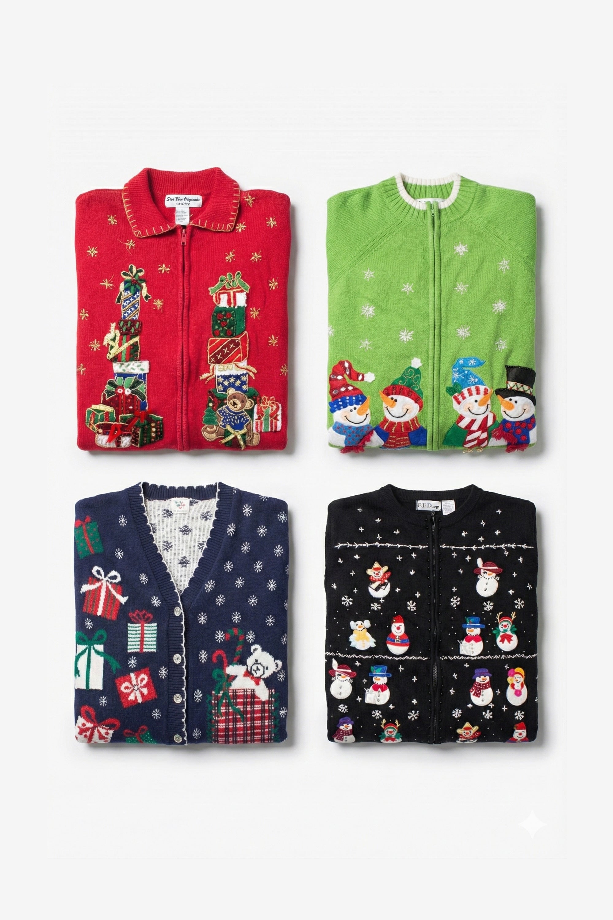 Four festive sweaters with Christmas patterns on a white background