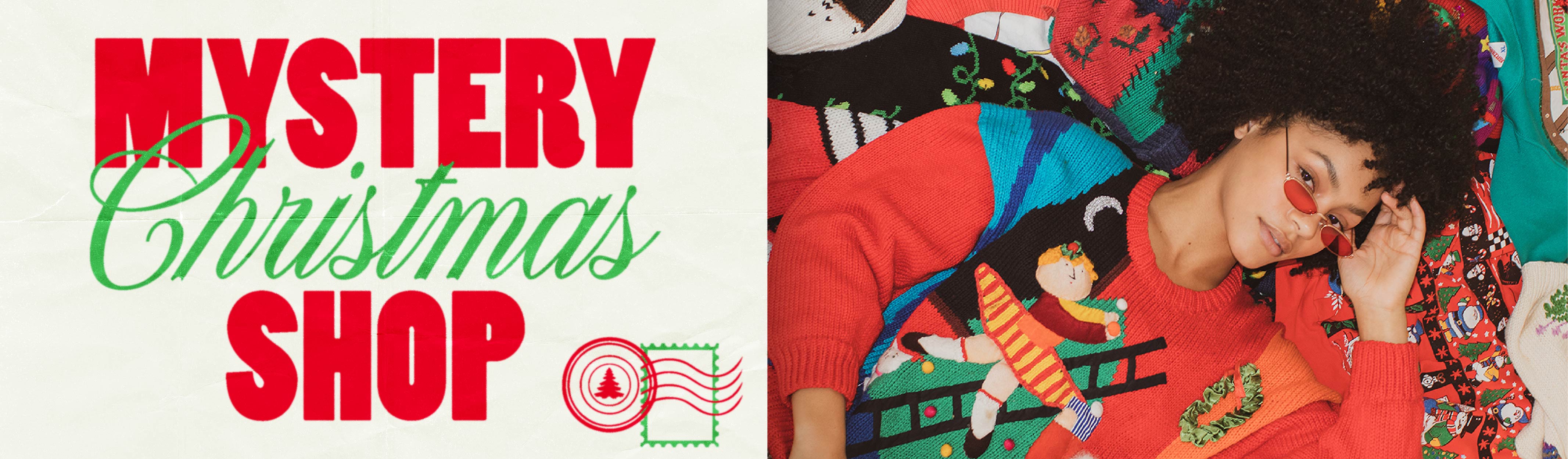 model in christmas sweaters. Mystery Christmas Shop. With so many sweaters to pick from, it can be hard to choose. Let our team of vintage experts pick your new favorite vintage ugly christmas sweater for you!