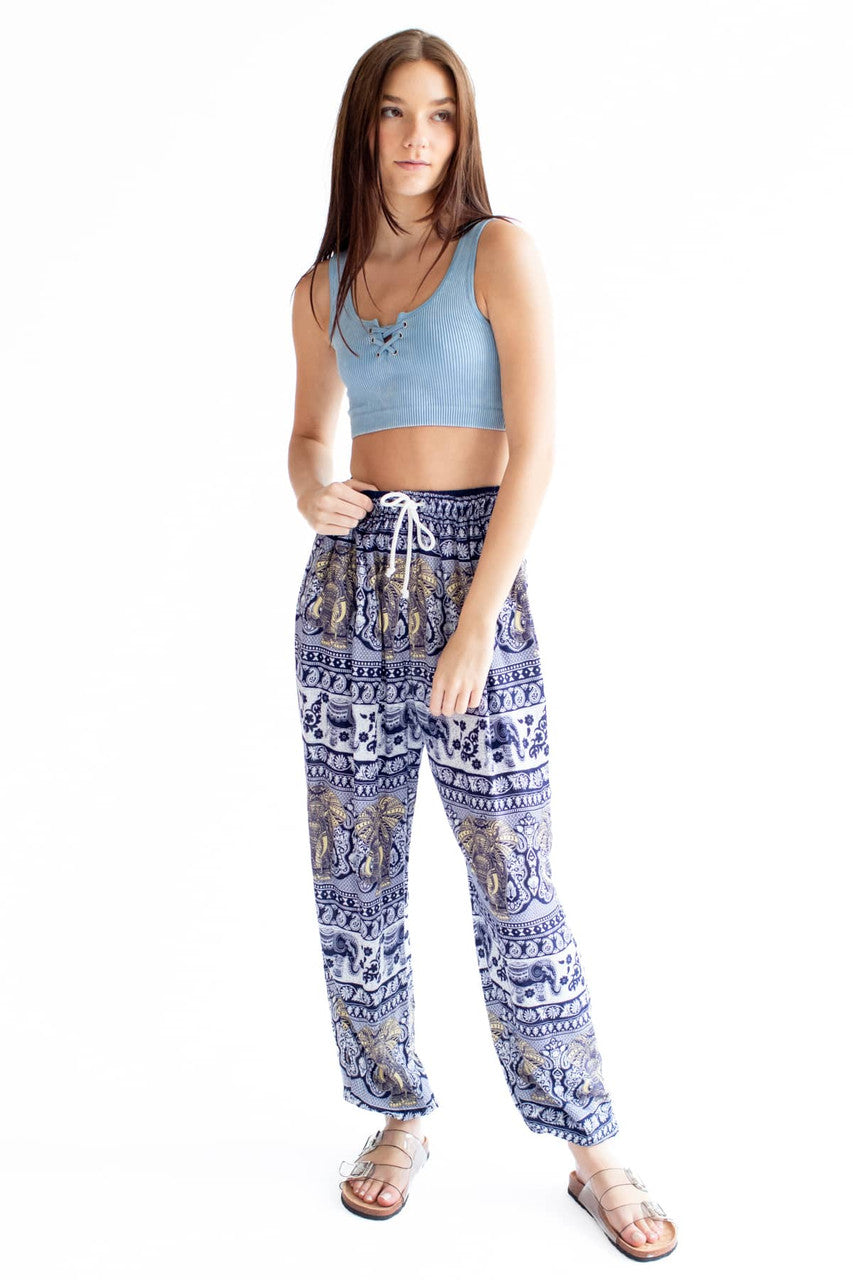 Navy & Ivory Elephant Drawstring Harem Pants