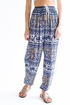 Navy & Ivory Elephant Drawstring Harem Pants
