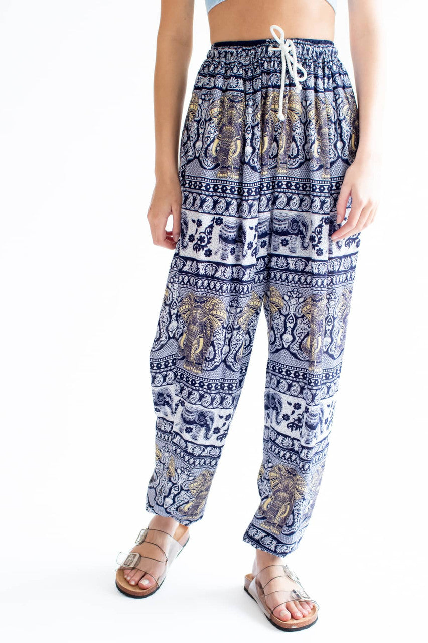 Navy & Ivory Elephant Drawstring Harem Pants