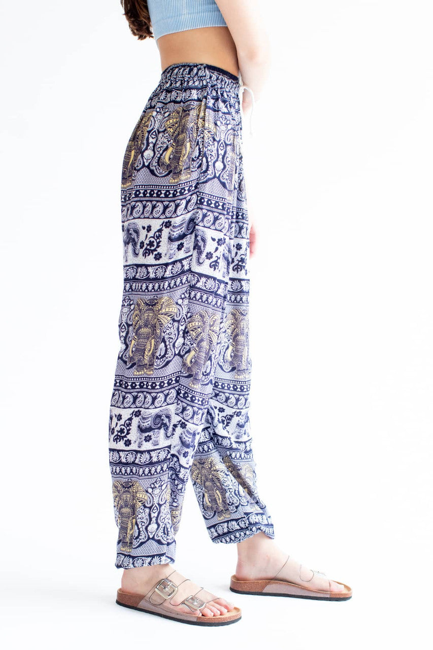 Navy & Ivory Elephant Drawstring Harem Pants