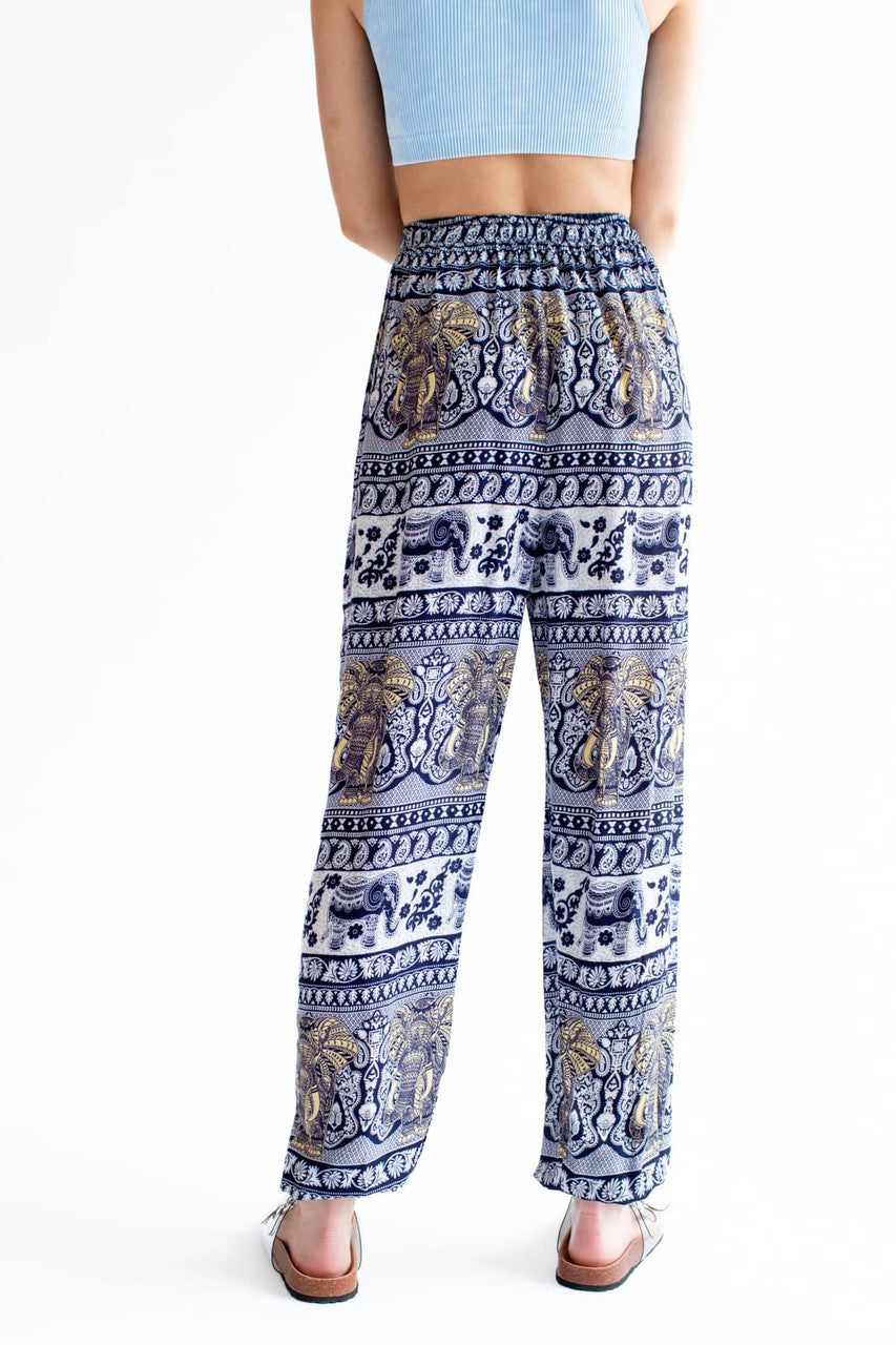 Navy & Ivory Elephant Drawstring Harem Pants