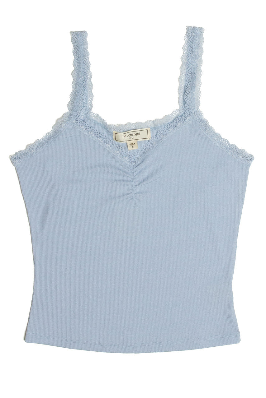 Blue Ruched Lace Trim Cami