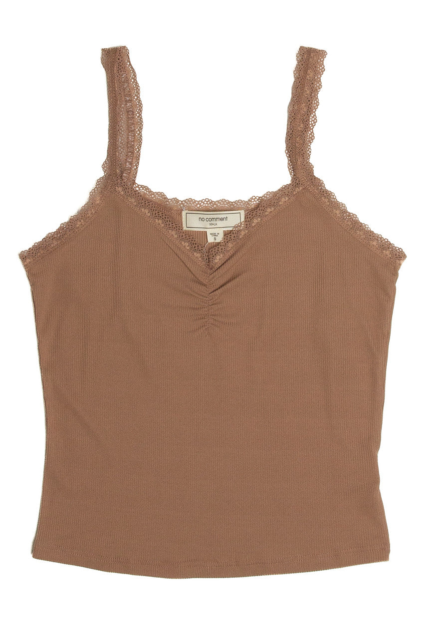 Brown Ruched Lace Trim Cami