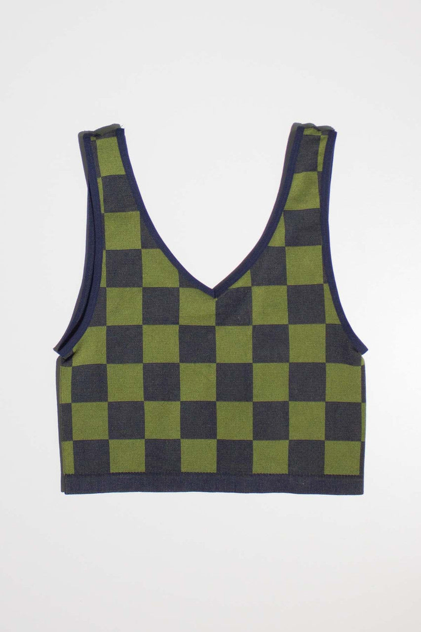 Green & Navy Checkered Seamless Crop Tank