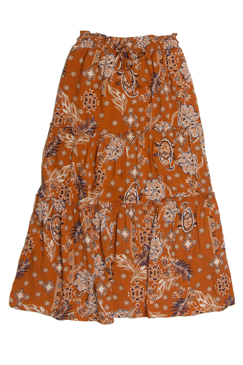 Orange Paisley Print Maxi Skirt