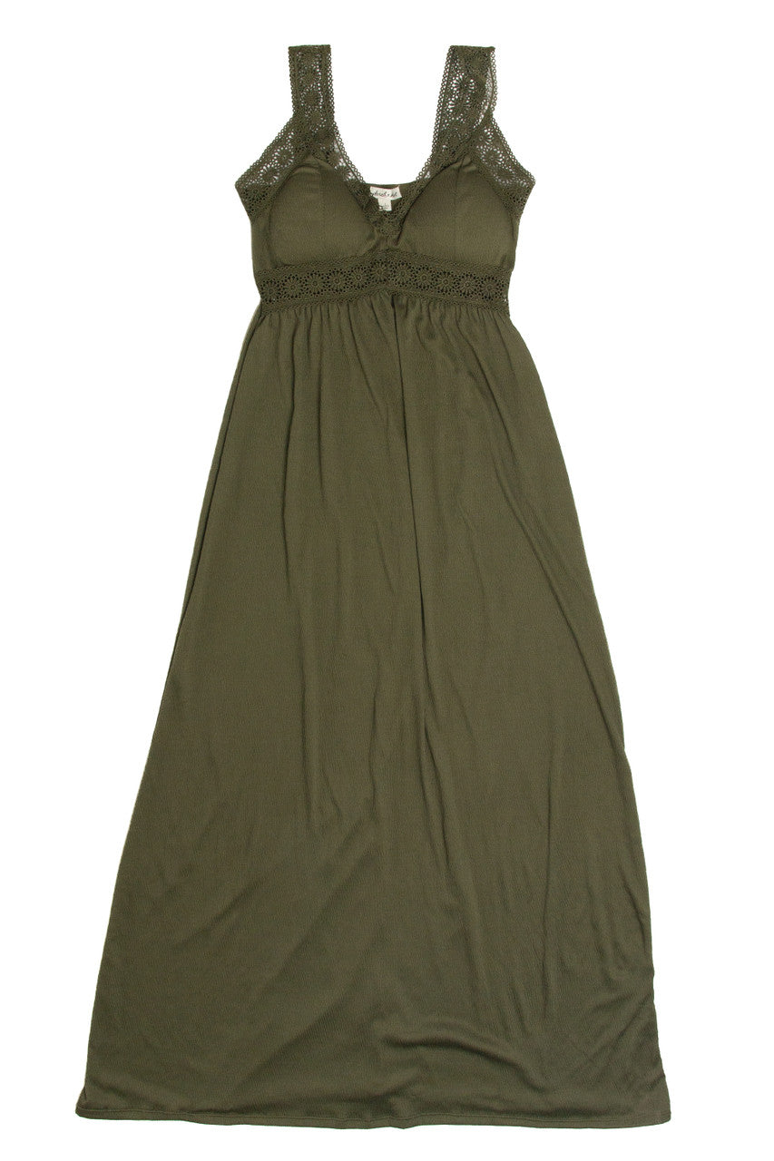 Ragstock Olive Green Crochet Trim Maxi Dress, Women's, Size: XL Ragstock Olive Green Crochet Trim Maxi Dress, Women's, Size: XL