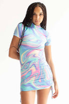 Oil Spill Mock Neck Ruched Side Mini Dress