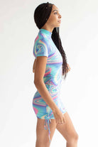 Oil Spill Mock Neck Ruched Side Mini Dress