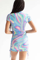 Oil Spill Mock Neck Ruched Side Mini Dress